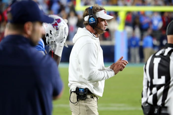 Oct 7, 2023; Oxford, Mississippi, USA; Mississippi Rebels head coach Lane Kiffin watches after the final first down during the second half against the Arkansas Razorbacks at Vaught-Hemingway Stadium. Mandatory Credit: Petre Thomas-USA TODAY Sports